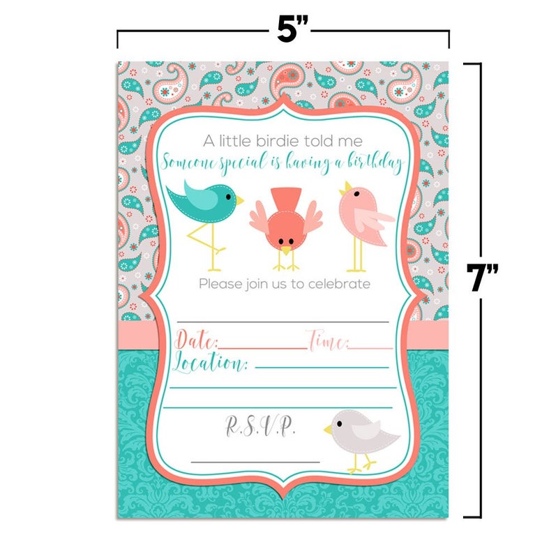 Amanda Creation A Little Birdie Told Me Themed Birthday Party Celebration Invitations, 20 5x7 Fill In Cards with Twenty White Envelopes by AmandaCreation - Image 5